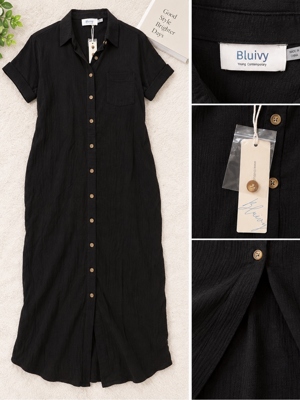 Bluivy Black Button-Front Maxi Shirt Dress